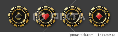 Set of red and black poker chips. Gambling tokens with suits for poker and casino. Diamonds, clubs, hearts, spades chips. Vector illustration. For game design, advertising web banner and poster. 125580648