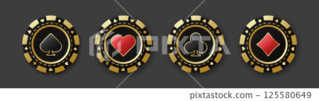 Set of red and black poker chips. Gambling tokens with suits for poker and casino. Diamonds, clubs, hearts, spades chips. Vector illustration. For game design, advertising web banner and poster. 125580649
