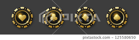 Diamonds, clubs, hearts, spades chips. Set of gold and black poker chips. Gambling tokens with suits for poker and casino. Vector illustration. For game design, advertising web banner and poster. Diamonds, clubs, hearts, spades chips. Set of gold and black poker chips. Gambling tokens with suits for poker and casino. Vector illustration. For game design, advertising web banner and poster. 125580650