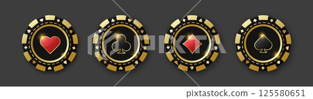 Set of red and black poker chips. Gambling tokens with suits for poker and casino. Diamonds, clubs, hearts, spades chips. Vector illustration. For game design, advertising web banner and poster. Set of red and black poker chips. Gambling tokens with suits for poker and casino. Diamonds, clubs, hearts, spades chips. Vector illustration. For game design, advertising web banner and poster. 125580651
