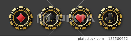 Set of red and black poker chips. Gambling tokens with suits for poker and casino. Diamonds, clubs, hearts, spades chips. Vector illustration. For game design, advertising web banner and poster. 125580652