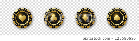 Diamonds, clubs, hearts, spades chips. Set of gold and black poker chips. Gambling tokens with suits for poker and casino. Vector illustration. For game design, advertising web banner and poster. 125580656