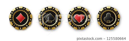 Set of red and black poker chips. Gambling tokens with suits for poker and casino. Diamonds, clubs, hearts, spades chips. Vector illustration. For game design, advertising web banner and poster. 125580664
