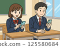 High school classroom scene | Illustration of male and female students operating smartphones 125580684