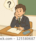 Illustration of a high school student worried about his future | A male student (in uniform) pondering in the classroom 125580687