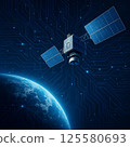 Artificial satellite and electronic circuit style AI background | Illustration of a futuristic network composition in Earth orbit 125580693