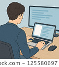 Back view of an engineer | Illustration of a man working on a laptop 125580697