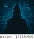 Hooded person standing in cyberspace | Silhouette of a back view with electronic circuit background 125580699