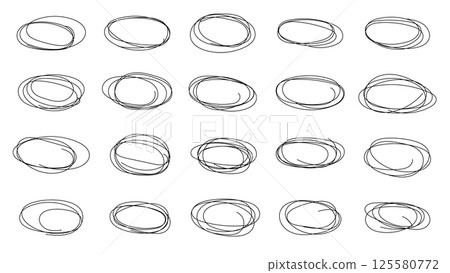 Vector abstract hand drawn pencil set scribble ellipses and ovals on white background. Abstract grunge frames and borders elements. Doodle sketched highlight circles or rings. Pen hand drawing. Vector abstract hand drawn pencil set scribble ellipses and ovals on white background. Abstract grunge frames and borders elements. Doodle sketched highlight circles or rings. Pen hand drawing. 125580772