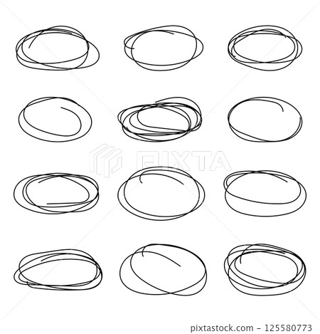 Vector abstract hand drawn pencil set scribble ellipses and ovals on white background. Abstract grunge frames and borders elements. Doodle sketched highlight circles or rings. Pen hand drawing. Vector abstract hand drawn pencil set scribble ellipses and ovals on white background. Abstract grunge frames and borders elements. Doodle sketched highlight circles or rings. Pen hand drawing. 125580773