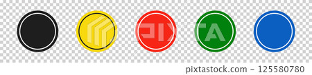Set of round black, yellow, red, green and blue road signs. Vector illustration of icons for warning about the situation on the road. Transparent isolated background. Set of round black, yellow, red, green and blue road signs. Vector illustration of icons for warning about the situation on the road. Transparent isolated background. 125580780