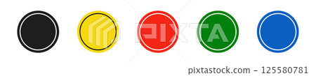 Set of round black, yellow, red, green and blue road signs. Vector illustration of icons for warning about the situation on the road. White isolated background. Set of round black, yellow, red, green and blue road signs. Vector illustration of icons for warning about the situation on the road. White isolated background. 125580781