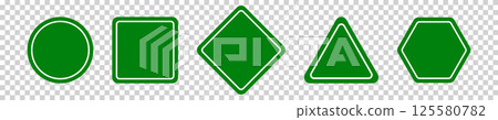 Set of round, square, rhombic, triangular and hexagonal green road signs. Vector illustration of icons for warning about the situation on the road. Transparent isolated background. Set of round, square, rhombic, triangular and hexagonal green road signs. Vector illustration of icons for warning about the situation on the road. Transparent isolated background. 125580782