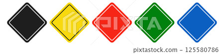 Set of rhombic black, yellow, red, green and blue road signs. Vector illustration of icons for warning about the situation on the road. White isolated background. 125580786