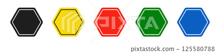 Set of hexagonal black, yellow, red, green and blue road signs. Vector illustration of icons for warning about the situation on the road. White isolated background. Set of hexagonal black, yellow, red, green and blue road signs. Vector illustration of icons for warning about the situation on the road. White isolated background. 125580788