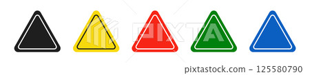 Set of triangular black, yellow, red, green and blue road signs. Vector illustration of icons for warning about the situation on the road. White isolated background. Set of triangular black, yellow, red, green and blue road signs. Vector illustration of icons for warning about the situation on the road. White isolated background. 125580790