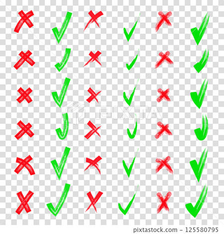 Yes and no. Red and green shape. Brush hand drawn doodle checkmarks and crosses set collection. Scribble, pen sketches. Pencil hand drawn checkmarks and little crosses. Transparent background. 125580795