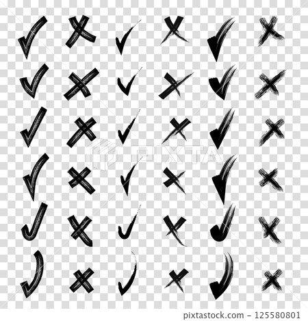 Brush hand drawn doodle checkmarks and crosses set collection. Scribble, pen sketches. Pencil hand drawn checkmarks and little crosses. Yes and no. Transparent background. Brush hand drawn doodle checkmarks and crosses set collection. Scribble, pen sketches. Pencil hand drawn checkmarks and little crosses. Yes and no. Transparent background. 125580801