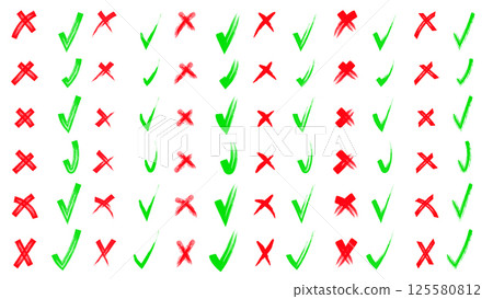Brush hand drawn doodle checkmarks and crosses set collection. Scribble, pen sketches. Pencil hand drawn checkmarks and little crosses. Yes and no. Red and green shape. 125580812