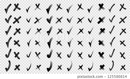 Brush hand drawn doodle checkmarks and crosses set collection. Scribble, pen sketches. Pencil hand drawn checkmarks and little crosses. Yes and no. Transparent background. Brush hand drawn doodle checkmarks and crosses set collection. Scribble, pen sketches. Pencil hand drawn checkmarks and little crosses. Yes and no. Transparent background. 125580814