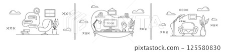 Set of freelancer organization concept. Outline home workplace. Benefits of remote work and limitations. Scene of work organization, home workflow improvement. Abstract vector business concept. Set of freelancer organization concept. Outline home workplace. Benefits of remote work and limitations. Scene of work organization, home workflow improvement. Abstract vector business concept. 125580830