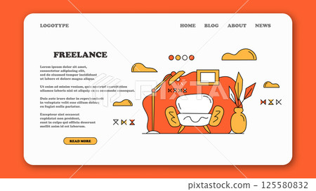 Landing page about freelancing. Freelancers organization concept. Illustration of home workplace. Benefits of remote work, limitations and workflow. Scene of home workplace. Vector business concept. 125580832