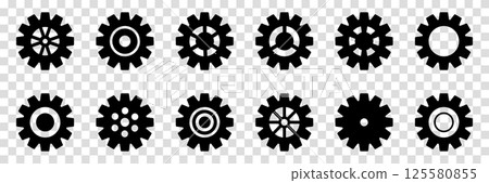 Collection of mechanical cogwheels. Gears icon set. Setting gears icon. Vector illustration with black silhouettes sprocket icons or signs design element. Transparent isolated background. 125580855