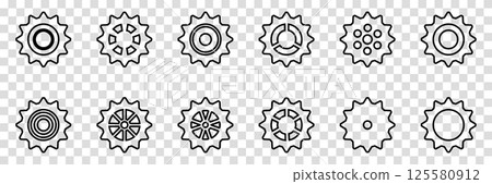 Simple Gear wheel collection. Cogwheel. Gears icon outline set. Setting gears icon. Machine gear icon vector set. Gear icons. Different style icons set. Vector illustration on a transparent 125580912
