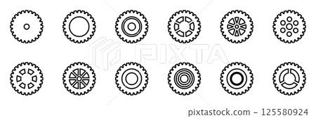 Gears icon set. Setting gears icon. Collection of mechanical outline cogwheels. Simple Gear wheel collection. Gear icons silhouette. Vector illustration with cogwheels sign set on white background. Gears icon set. Setting gears icon. Collection of mechanical outline cogwheels. Simple Gear wheel collection. Gear icons silhouette. Vector illustration with cogwheels sign set on white background. 125580924