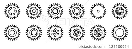 Gears icon set. Setting gears icon. Collection of mechanical outline cogwheels. Simple Gear wheel collection. Gear icons silhouette. Vector illustration with cogwheels sign set on white background. 125580934