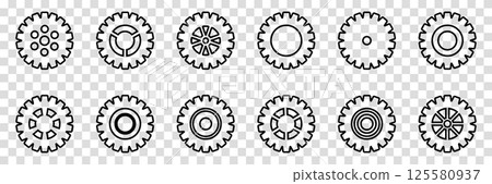 Simple Gear wheel collection. Cogwheel. Gears icon outline set. Setting gears icon. Machine gear icon vector set. Gear icons. Different style icons set. Vector illustration on a transparent 125580937