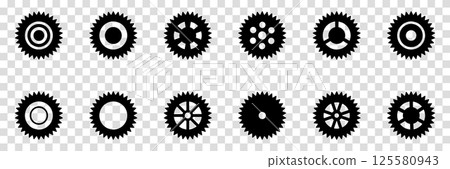 Collection of mechanical cogwheels. Gears icon set. Setting gears icon. Vector illustration with black silhouettes sprocket icons or signs design element. Transparent isolated background. 125580943