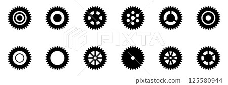 Black gear icon set. Machine sprocket gear icons. Flat design. Vector cogwheel sign symbol on a white background. 125580944