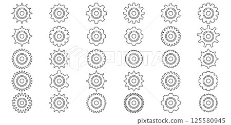 Gears icon set. Setting gears icon. Collection of mechanical outline cogwheels. Simple Gear wheel collection. Gear icons silhouette. illustration with cogwheels sign set on white background. 125580945