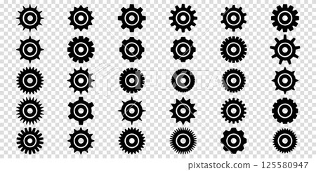 Collection of mechanical cogwheels. Gears icon set. Setting gears icon. Vector illustration with black silhouettes sprocket icons or signs design element. Transparent isolated background. 125580947