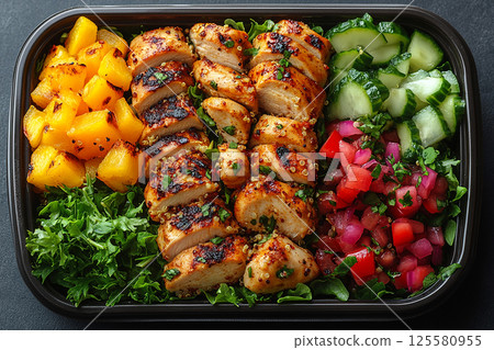 Packed office lunch box with quinoa salad, grilled chicken, mixed greens and fruit. Packed office lunch box with quinoa salad, grilled chicken, mixed greens and fruit. 125580955