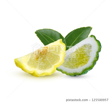 bergamot yellow ,green color and half leaves on white background. bergamot yellow ,green color and half leaves on white background. 125580957