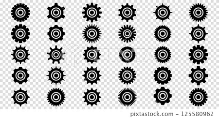 Collection of mechanical cogwheels. Gears icon set. Setting gears icon. Vector illustration with black silhouettes sprocket icons or signs design element. Transparent isolated background. 125580962