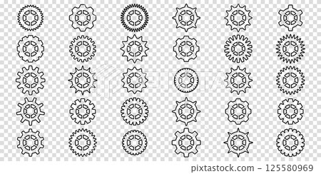 Simple Gear wheel collection. Cogwheel. Gears icon outline set. Setting gears icon. Machine gear icon vector set. Gear icons. Different style icons set. Vector illustration on a transparent 125580969