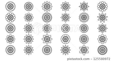 Gears icon set. Setting gears icon. Collection of mechanical outline cogwheels. Simple Gear wheel collection. Gear icons silhouette. Vector illustration with cogwheels sign set on white background. Gears icon set. Setting gears icon. Collection of mechanical outline cogwheels. Simple Gear wheel collection. Gear icons silhouette. Vector illustration with cogwheels sign set on white background. 125580972