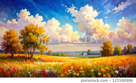 草原與天空、雲朵與光影舞動的繪畫風格插畫 1 125580986