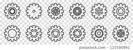 Simple Gear wheel collection. Cogwheel. Gears icon outline set. Setting gears icon. Machine gear icon vector set. Gear icons. Different style icons set. Vector illustration on a transparent 125580991