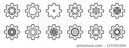 Gears icon set. Setting gears icon. Collection of mechanical outline cogwheels. Simple Gear wheel collection. Gear icons silhouette. Vector illustration with cogwheels sign set on white background. 125581004