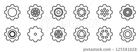 Gears icon set. Setting gears icon. Collection of mechanical outline cogwheels. Simple Gear wheel collection. Gear icons silhouette. Vector illustration with cogwheels sign set on white background. 125581028