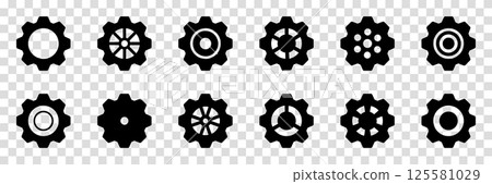 Collection of mechanical cogwheels. Gears icon set. Setting gears icon. Vector illustration with black silhouettes sprocket icons or signs design element. Transparent isolated background. 125581029