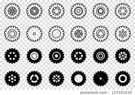 Gears icon set. Setting gears icon. Collection of mechanical cogwheels. Vector illustration with black silhouettes sprocket icons or signs design element. Transparent isolated background. Gears icon set. Setting gears icon. Collection of mechanical cogwheels. Vector illustration with black silhouettes sprocket icons or signs design element. Transparent isolated background. 125581030