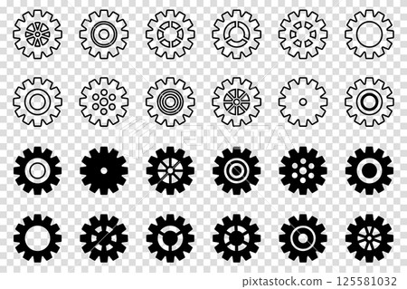 Gears icon set. Setting gears icon. Collection of mechanical cogwheels. Vector illustration with black silhouettes sprocket icons or signs design element. Transparent isolated background. 125581032