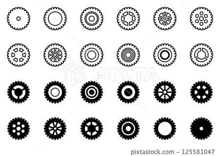 Gears icon set. Setting gears icon. Collection of mechanical cogwheels. White background. Vector illustration with black sprocket sign icons design element. 125581047