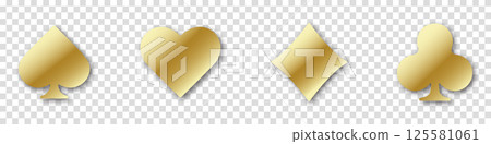 Set of collection gambling gold sign symbol of playing card suits and chip or token for web site or mobile app about poker and casino. Hearts, clubs, diamonds and spades on an transparent background. Set of collection gambling gold sign symbol of playing card suits and chip or token for web site or mobile app about poker and casino. Hearts, clubs, diamonds and spades on an transparent background. 125581061