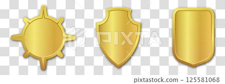 Set of realistic golden heraldic shields. Vector illustration on a transparent background. 125581068